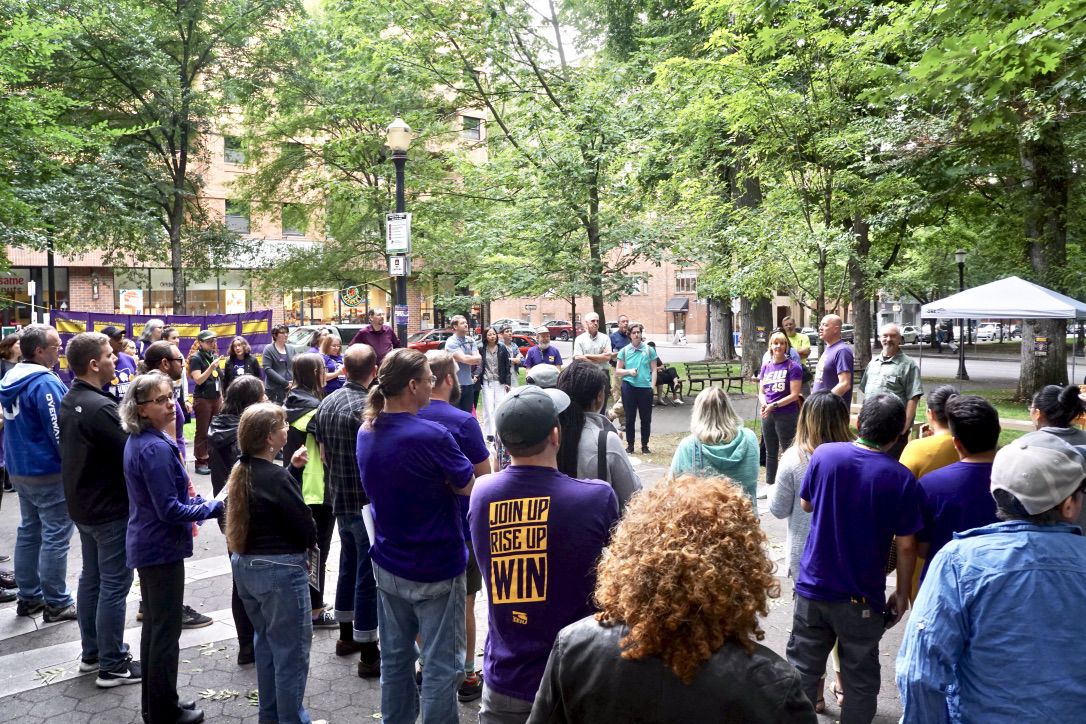 Union members gather at Portland State University's campus during a union solidarity lunch for classified staff Aug. 21. Contract negotiations between Oregon's seven public universities and the union representing the classified employees who work at those universities broke down in August. (Courtesy of SEIU 503)