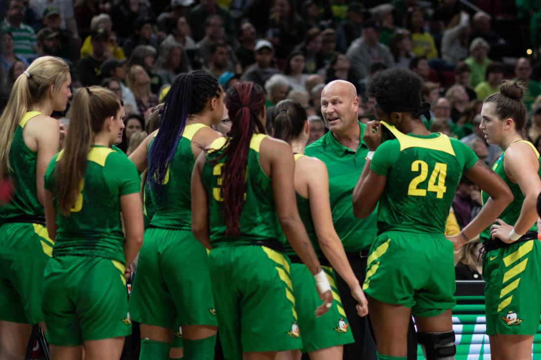 <p>Oregon Head Coach Kelly Graves talks to the team. Oregon Ducks women’s basketball takes on Mississippi State at the Moda Center in Portland, Ore. on March 31, 2019. (Devin Roux/Emerald)</p>