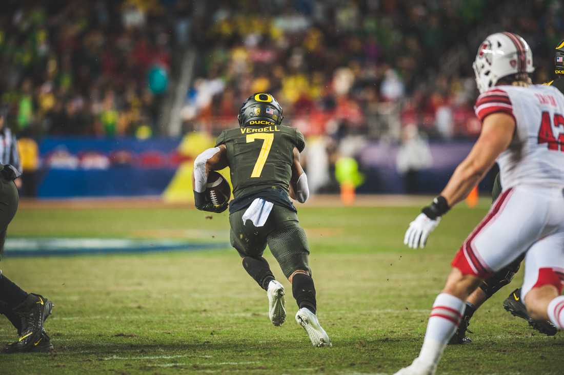 Ducks running back CJ Verdell (7) finds open field. Oregon Ducks football takes on Utah for the Pac 12 Championship game at Levi's Stadium in Santa Clara, Calif. on Dec. 6, 2019. (DL Young/Emerald)