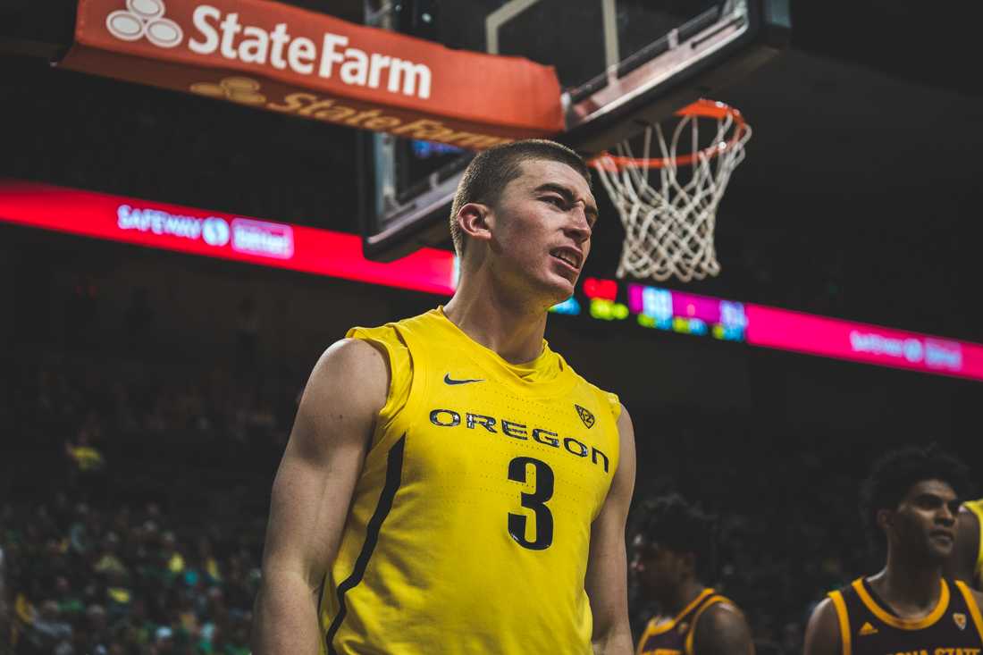 Ducks gaurd Payton Pritchard (3) finishes yelling after a successful drive past a defender. Oregon Ducks men's basketball takes on Arizona State at Matthew Knight Arena in Eugene, Ore. on Jan. 11, 2020. (DL Young/Emerald