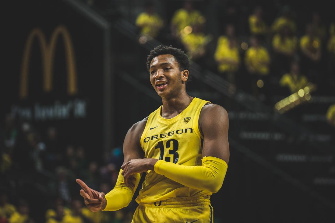 Ducks gaurd Chandler Lawson (13) smiles before his free throw attempt. Oregon Ducks men's basketball takes on Arizona State at Matthew Knight Arena in Eugene, Ore. on Jan. 11, 2020. (DL Young/Emerald