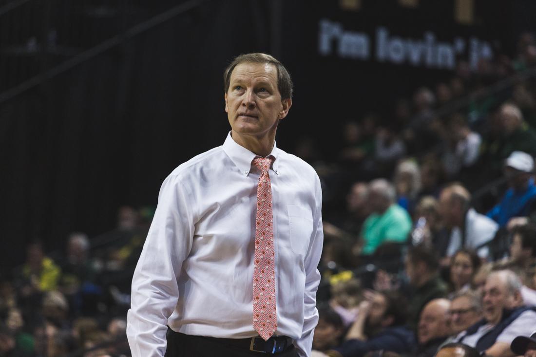 Ducks Head Coach Dana Altman looks up during a stoppage in play. Oregon Ducks men&#8217;s basketball takes on the UCLA Bruins at Matthew Knight Arena in Eugene, Ore. on Jan. 26, 2020. (DL Young/ Emerald)