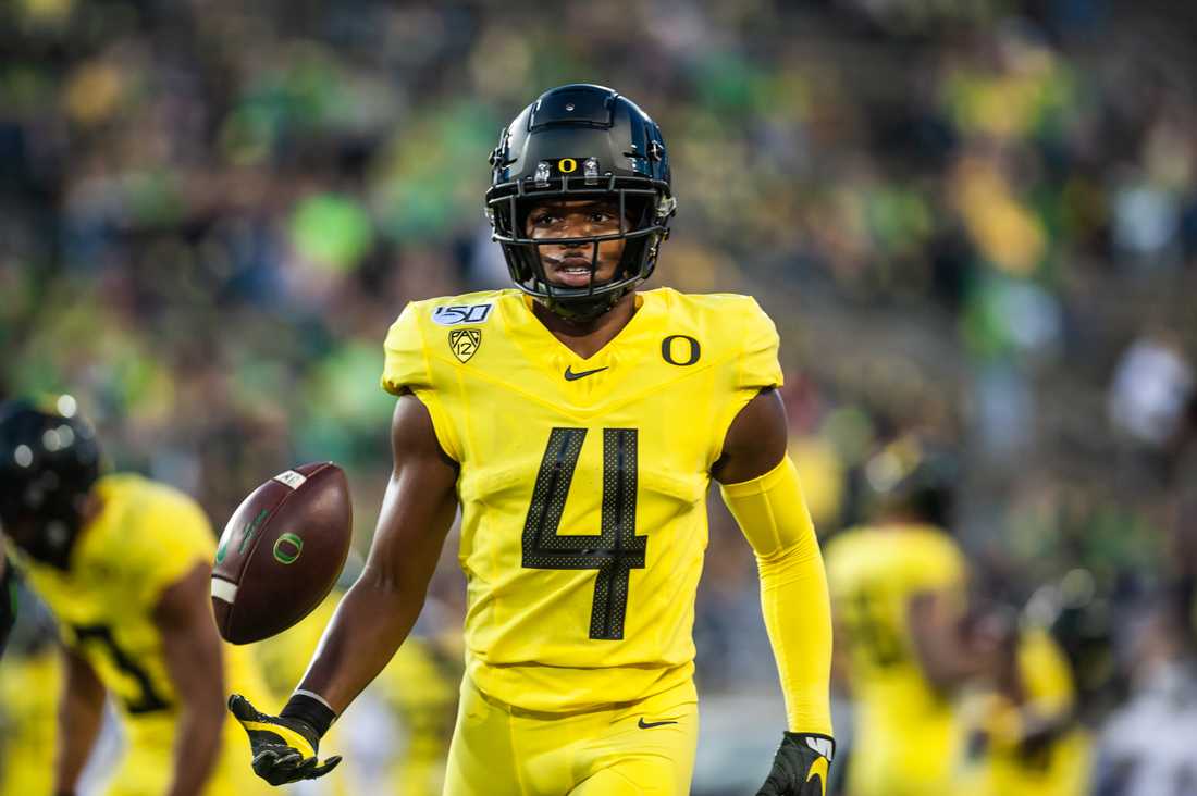 Ducks cornerback Thomas Graham Jr. (4) warms up. Oregon Ducks football takes on the Montana Grizzlies at Autzen Stadium in Eugene, Ore. on Sept. 14, 2019. (Sarah Northrop/Emerald)