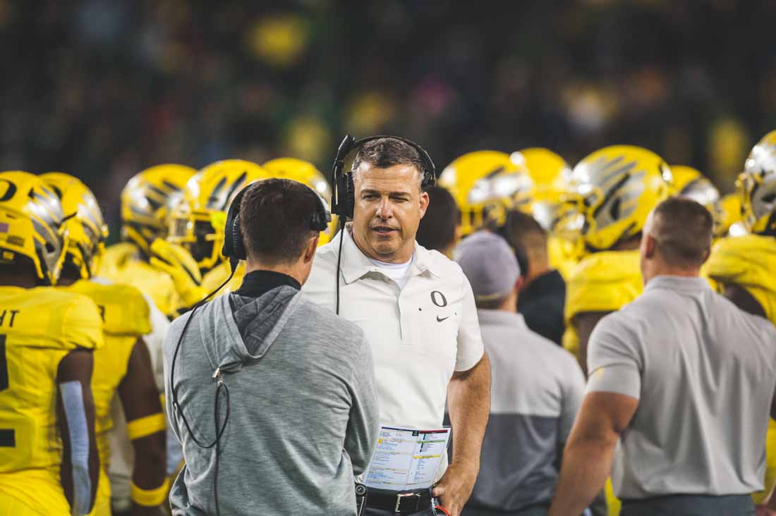 <p>Ducks head coach Mario Cristobal on the sideline during a timeout. Oregon Ducks Football takes on the Colorado Buffaloes at Autzen Stadium in Eugene, Ore., on Oct. 11, 2019. (DL Young/Emerald)</p>