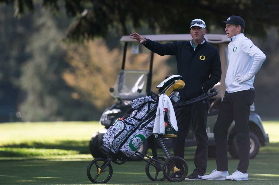 Freshman Tom Gueant analyzes his shot. Oregon Ducks men's golf plays in the Pac-12 Championships at Eugene Country Club in Eugene, Ore. on April 22, 2019. (Ben Green/Emerald)