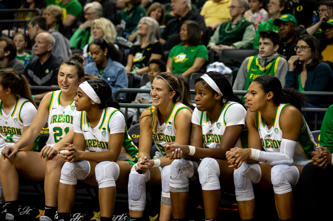 Oregon Ducks seniors watch the game come to an end. Oregon Ducks women&#8217;s basketball takes on University of Washington at the Matthew Knight Arena in Eugene, Ore. on Mar 1, 2020. (Maddie Knight/Emerald)