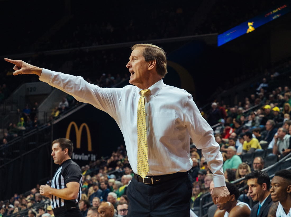 Ducks head coach Dana Altman barks out orders to his team. Oregon Ducks men&#8217;s basketball takes on Boise State at Matthew Knight Arena in Eugene, Ore. on Nov. 9, 2019. (Connor Cox/Emerald)