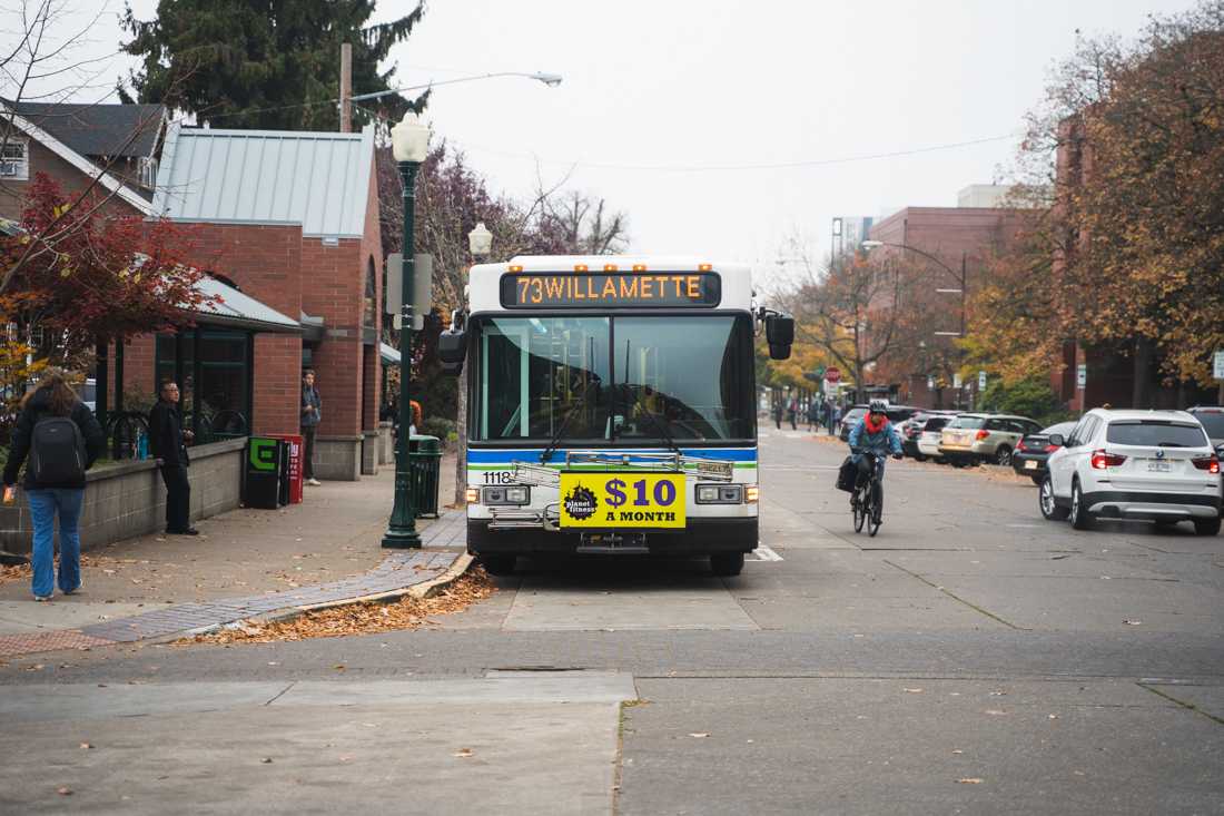 A bus is parked at the University of Oregon Station on Kincaid street. (DL Young/Emerald)