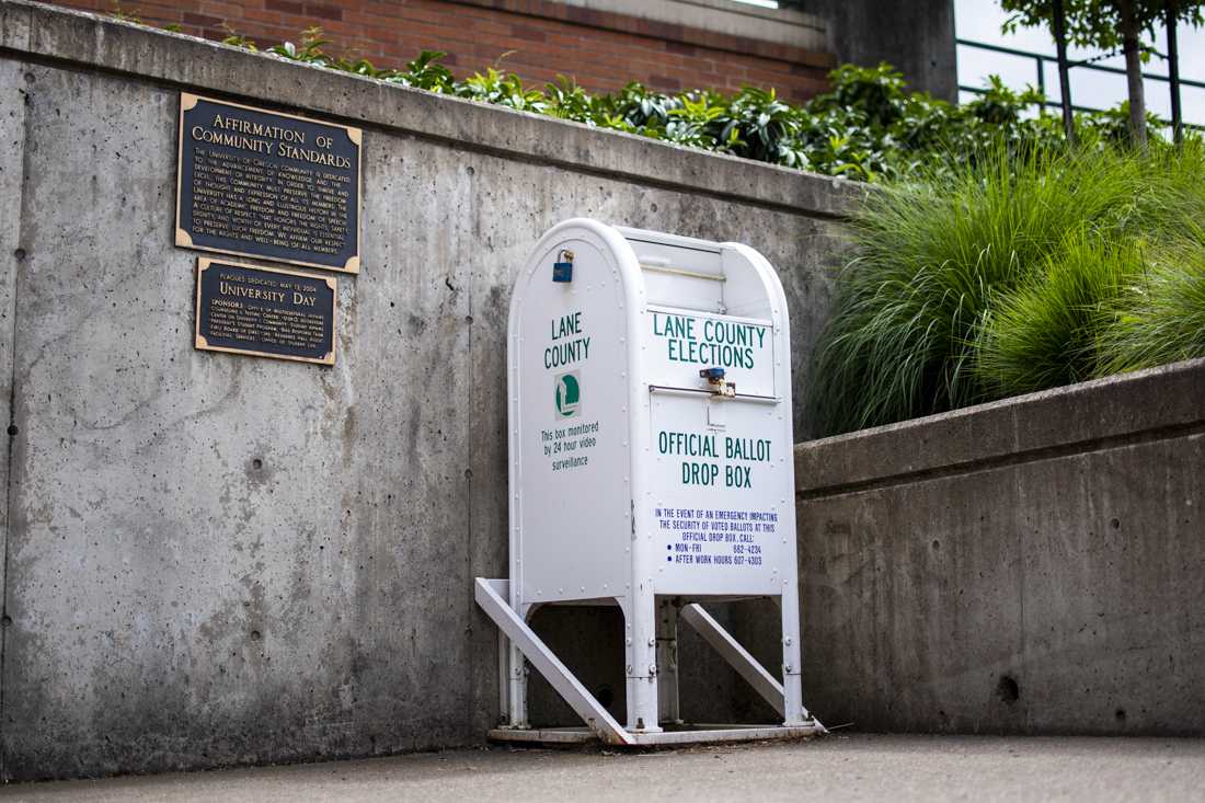 The ballot box that sits at Erb Memorial Union on the University of Oregon campus makes voting more accessible for students. (Brad Smith/Emerald)