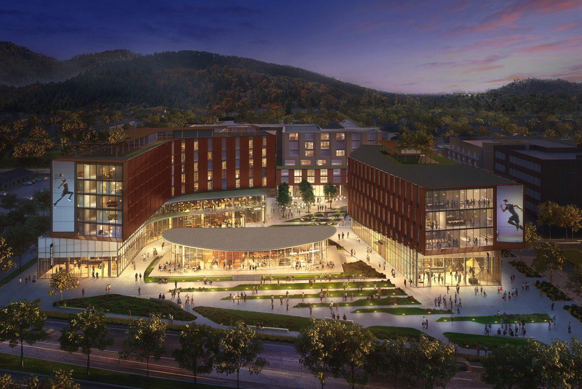 A mockup of the proposed University Village that may be developed at the Romania Lot. (Courtesy of the University of Oregon)