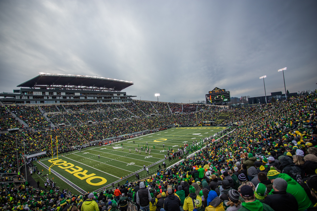 <p>Football may be back in session by the end of the year, after Gov. Kate Brown and the Oregon Health Authority say they are willing to make an exemption — although Autzen would seat nowhere near it's usual capacity. (Sarah Northrop/Emerald)</p>