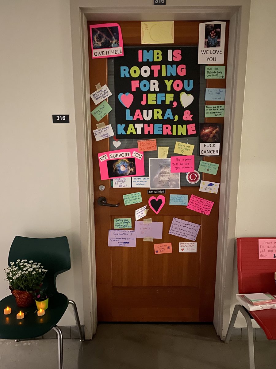 <p>Jeff McKnight's coworkers and students decorated his door with supportive messages as he battled lymphoma. (Courtesy of Amy Robbins) </p>