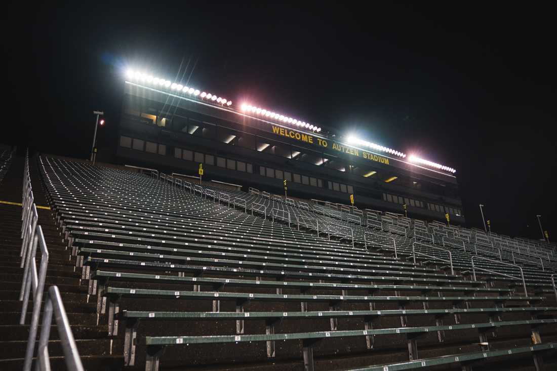 The empty stands at Autzen Stadium are still illuminated by the game lights. Oregon Ducks Football takes on Stanford University at Autzen Stadium in Eugene, Ore. on Nov 7, 2020. (DL Young/Emerald)