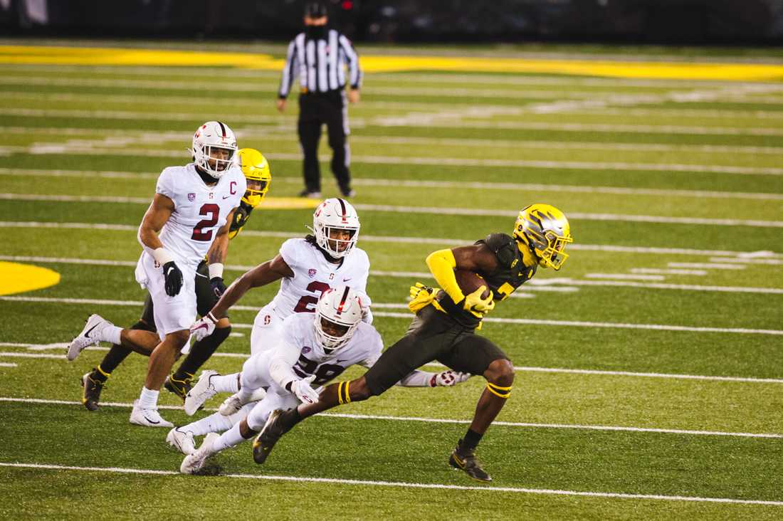 Ducks wide reciever Devon Williams (2) slips away from a defender. Oregon Ducks Football takes on Stanford University at Autzen Stadium in Eugene, Ore. on Nov. 7, 2020. (DL Young/Emerald)