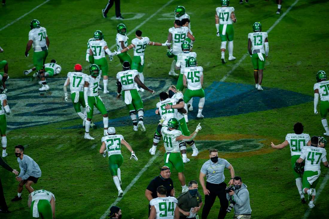 Oregon Ducks are named Pac-12 Champions for the second year in a row. Oregon Ducks football take on USC Trojans in the Pac-12 Championship game at Los Angeles Memorial Coliseum in Los Angeles, Calif., on Dec. 18, 2020. (Maddie Knight/Emerald)