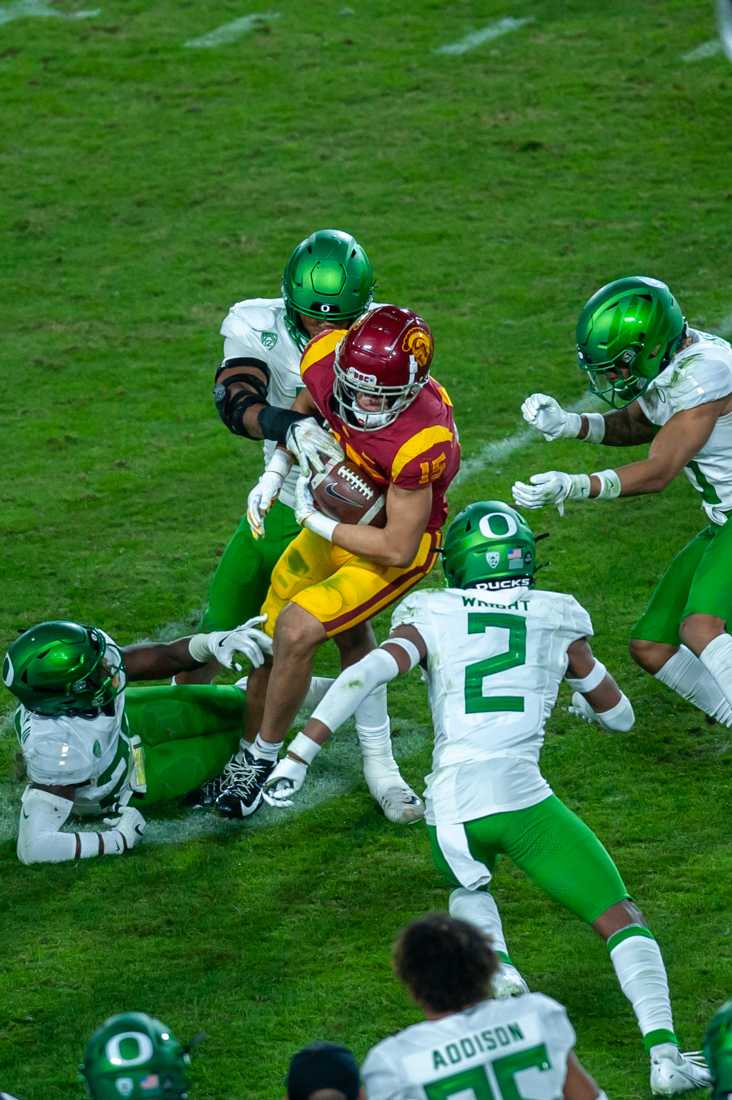 Oregon Ducks football take on USC Trojans in the Pac-12 Championship game at Los Angeles Memorial Coliseum in Los Angeles, Calif., on Dec. 18, 2020. (Maddie Knight/Emerald)