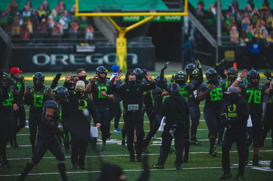 <p>Head Coach Mario Cristobal hypes up the team going into the fourth quarter. Oregon Ducks football takes on the UCLA Bruins at Autzen Stadium in Eugene, Ore., on Nov. 21, 2020. (DL Young/Emerald)</p>