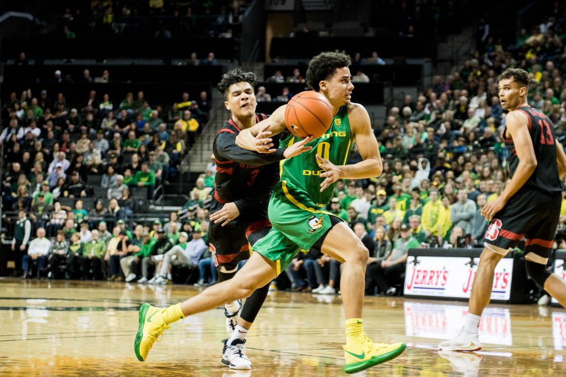 Will Richardson (0), guard for the Ducks, makes an attempt to shoot. Oregon Ducks men's basketball takes on Stanford at Matthew Knight Arena in Eugene, Ore. on Mar. 7, 2020. (Madi Mather/Emerald)