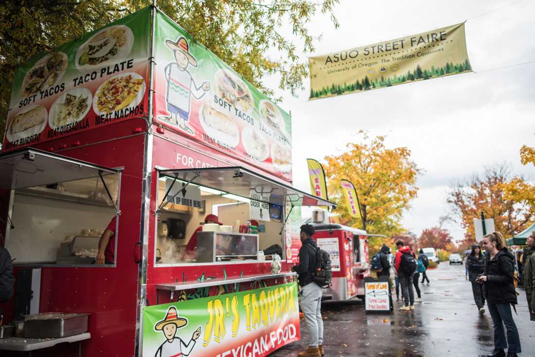 <p>Jr’s Taqueria is based out of Salem, Ore. The 2019 ASUO Fall Street Faire lines E 13th Avenue with food carts, clothing pop-ups and more on Oct. 16, 2019. (Marissa Willke/Emerald)</p>