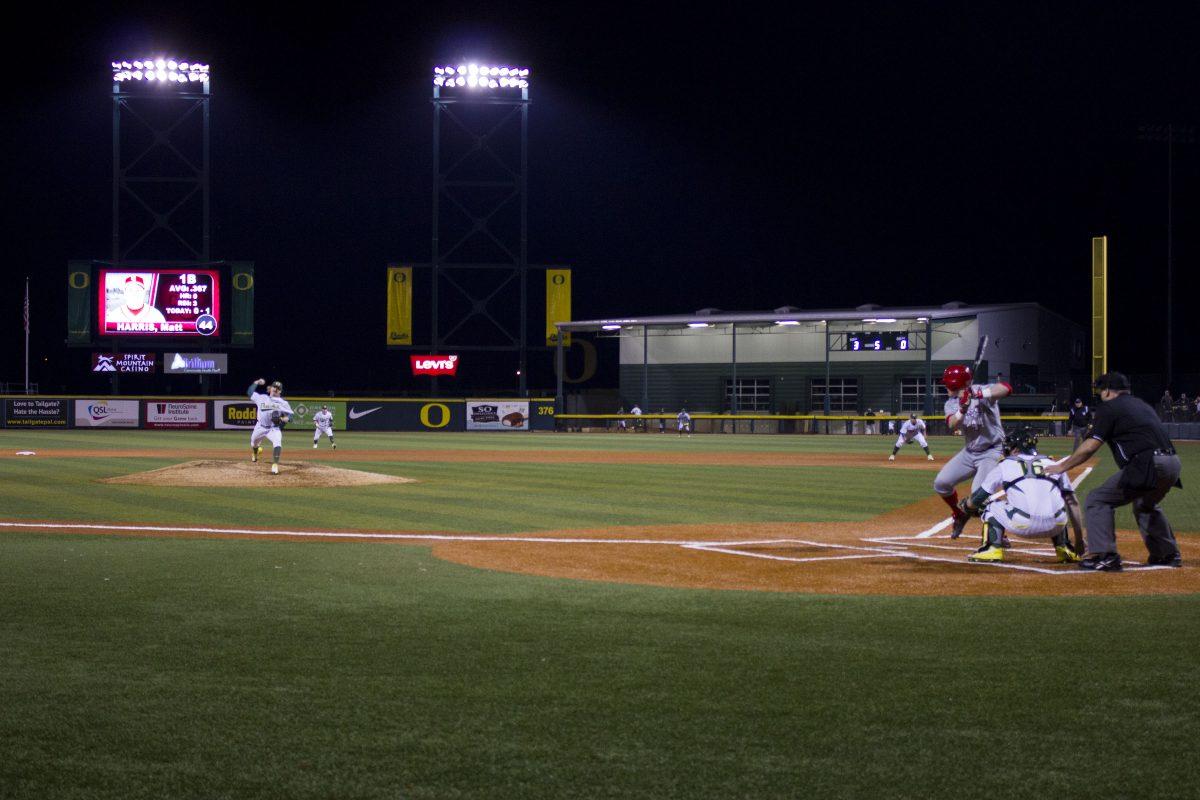 Oregon pitcher Conor Harber (11) delivers a pitch to Shaun Chase (16). The Oregon Ducks played the St. John&#8217;s Red Storm at PK Park in Eugene, Oregon on Friday March 6. (Andrew Bantly/Emerald)