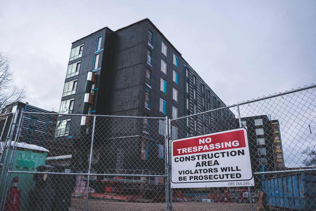 Across from Hayward Field, construction on the Hamilton and Walton project continues in Eugene, Ore., on Feb. 6, 2021. (DL Young/Emerald)