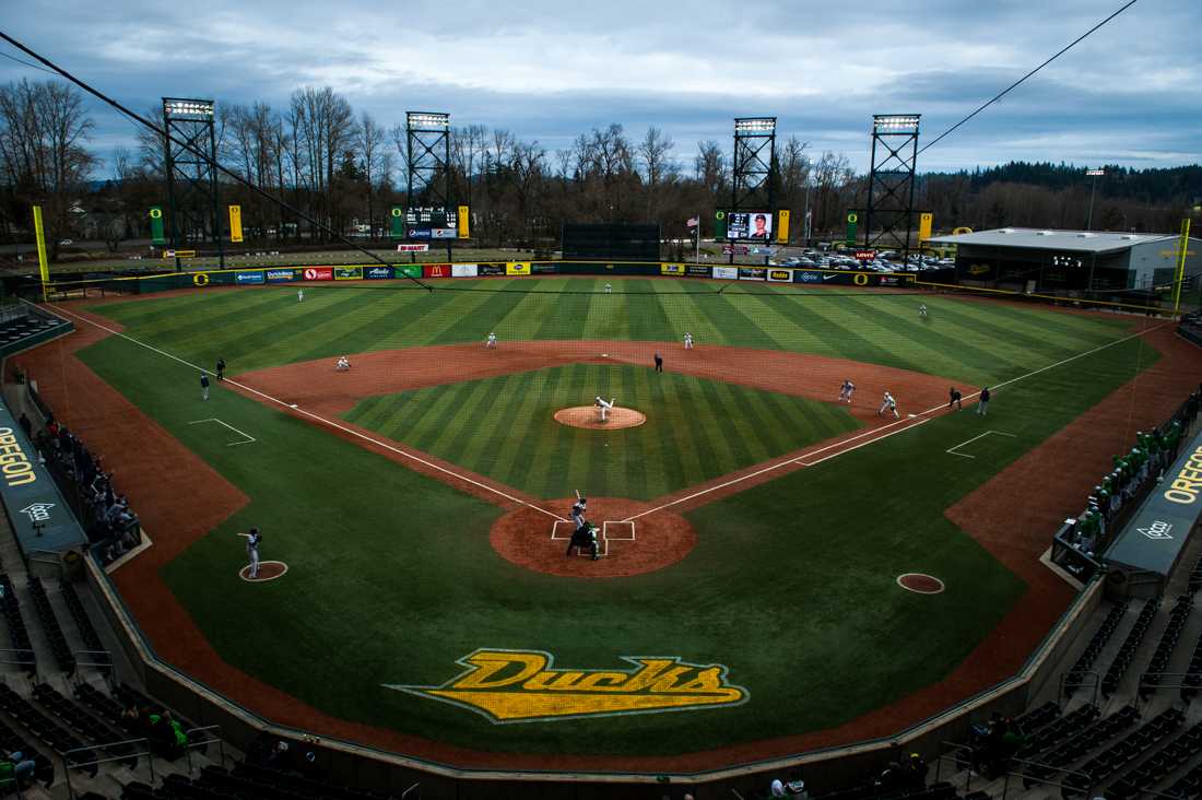 Oregon Ducks baseball takes on Saint Mary's University at PK Park in Eugene, Ore. on Feb. 22, 2019. (Ben Green/Emerald)