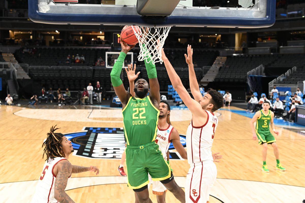 INDIANAPOLIS, IN - MARCH 28: The Oregon Ducks take on the USC Trojans in the Sweet Sixteen round of the 2021 NCAA Division I Men&#8217;s Basketball Tournament held at Bankers Life Fieldhouse on March 28, 2021 in Indianapolis, Indiana. (Photo by Brett Wilhelm/NCAA Photos via Getty Images)