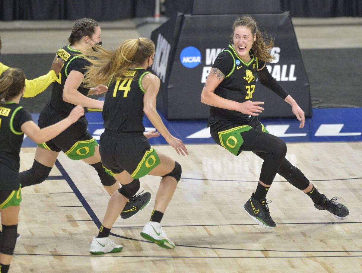 SAN ANTONIO, TX - MARCH 24: Oregon vs Georgia during the Division I Women&#8217;s Basketball Tournament held at the Alamodome on March 24, 2021 in San Antonio, TX. (Photo by Mark Sobhani/NCAA Photos)