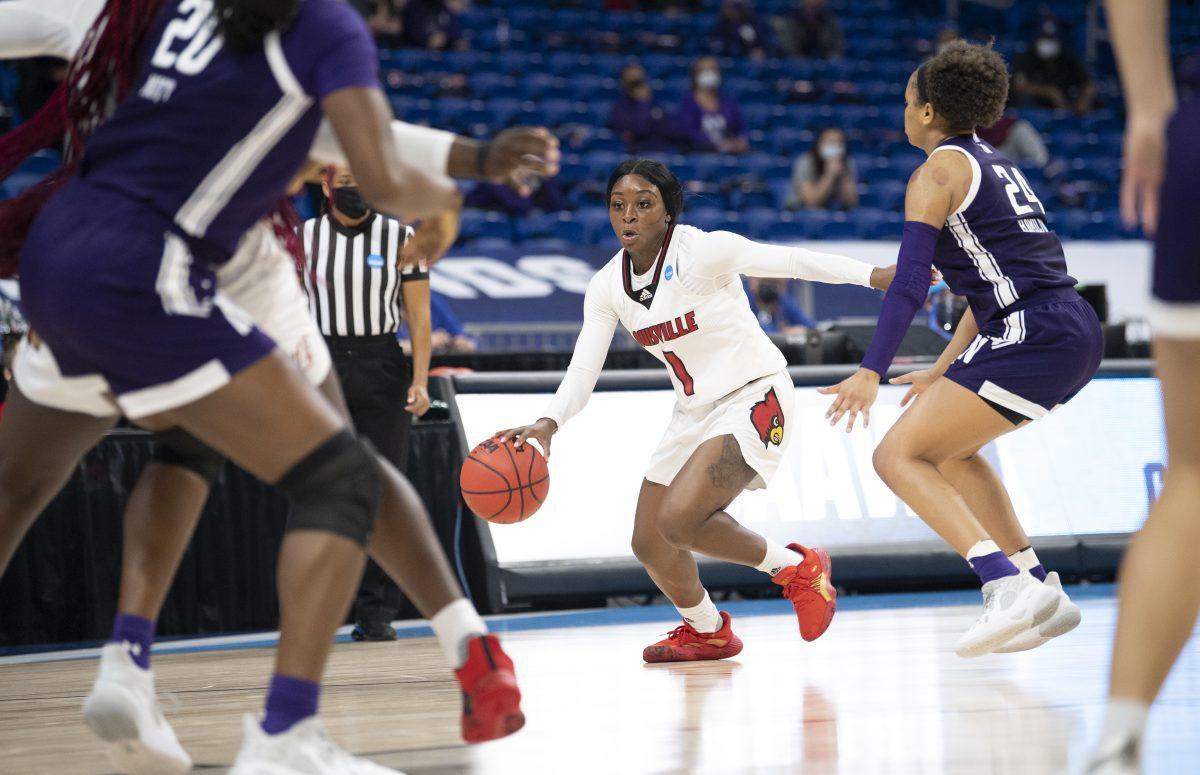 SAN ANTONIO, TX - MARCH 24: Northwestern University takes on the University of Louisville during the second round of the 2021 NCAA Division I Women&#8217;s Basketball Tournament held at Alamodome on March 24, 2021 in San Antonio, Texas. (Photo by Ben Solomon/NCAA Photos)