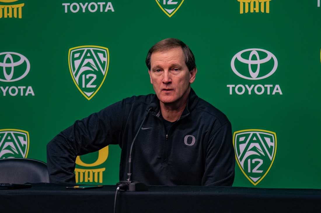 Ducks head coach Dana Altman takes questions from the media ahead of the NCAA March Madness tournament. (Henry Ward/Emerald)