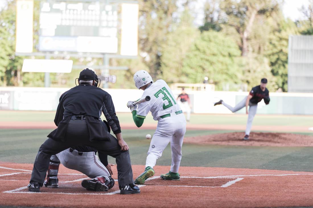 Ducks Outfielder Tanner Smith (31) prepares to hit the ball against Stanford defense. Ducks Baseball take on Stanford Cardinal at PK Park in Eugene, Ore., on May 21, 2021 (Maddie Stellingwerf/Emerald)