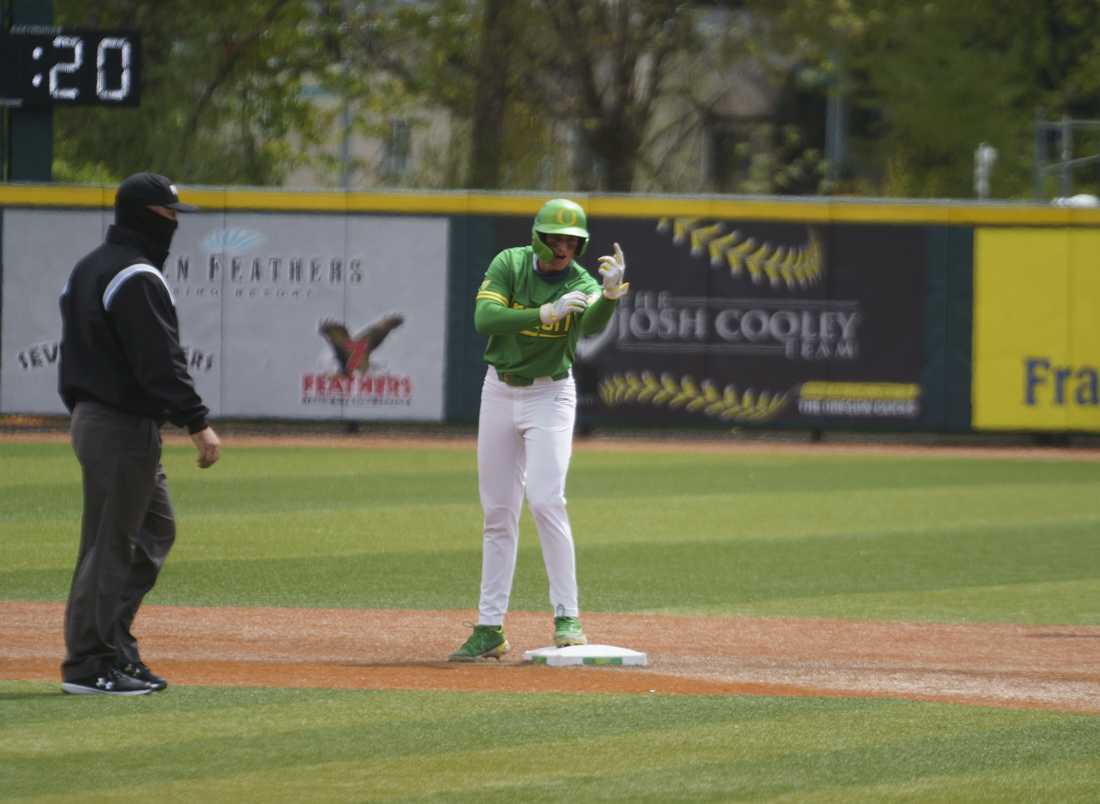 Ducks outfielder/first base Anthony Hall (35) celebrates after hitting a double. Oregon Ducks baseball takes on UCLA Bruins at PK Park in Eugene, Ore., on April 25, 2021. (Kevin Wang/Daily Emerald)