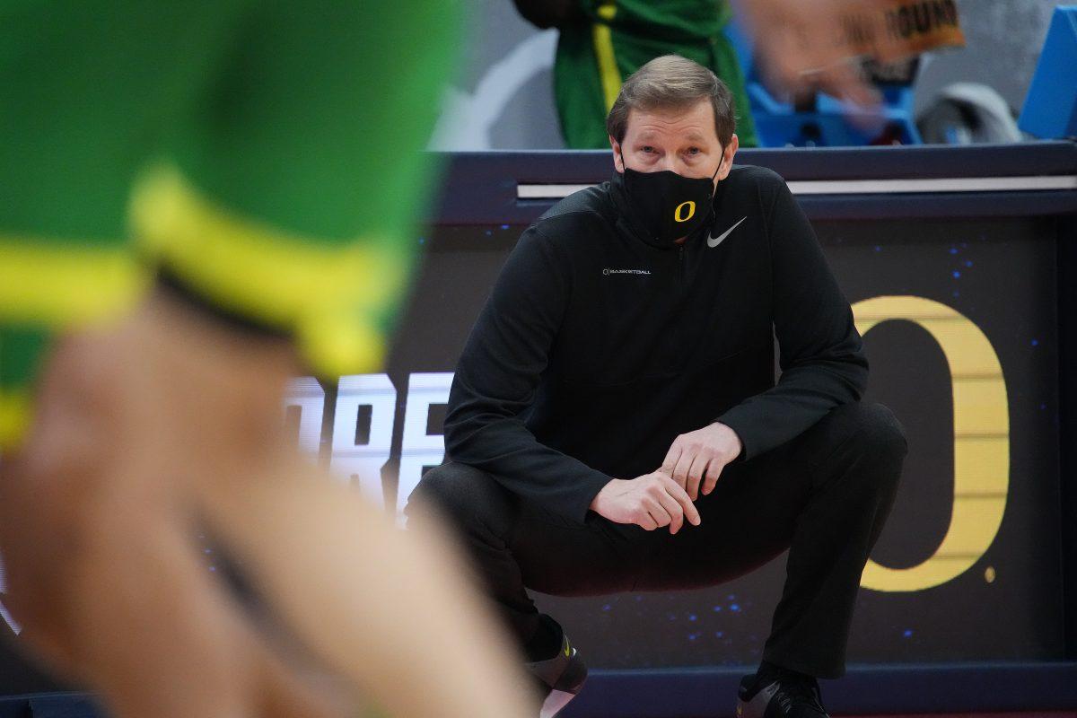 INDIANAPOLIS, IN - MARCH 22: Iowa v Oregon in the second round of the 2021 NCAA Division I Men&#8217;s Basketball Tournament held at Bankers Life Fieldhouse on March 22, 2021 in Indianapolis, Indiana. (Photo by Jack Dempsey/NCAA Photos via Getty Images)