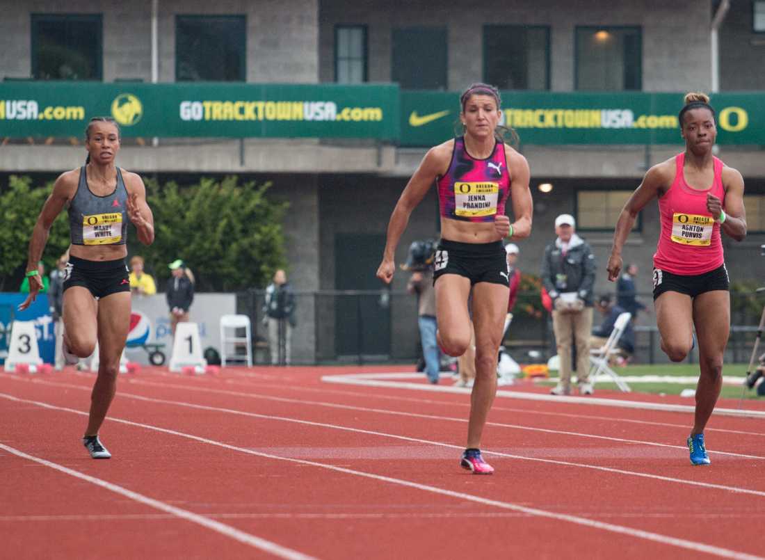 Former Oregon Duck sprinter Jenna Prandini takes the lead in the 100 meter race. The Oregon Ducks host the Oregon Twilight Invitational meet at Hayward Field in Eugene, Ore. on May 5, 2017. (Aaron Nelson/Emerald)