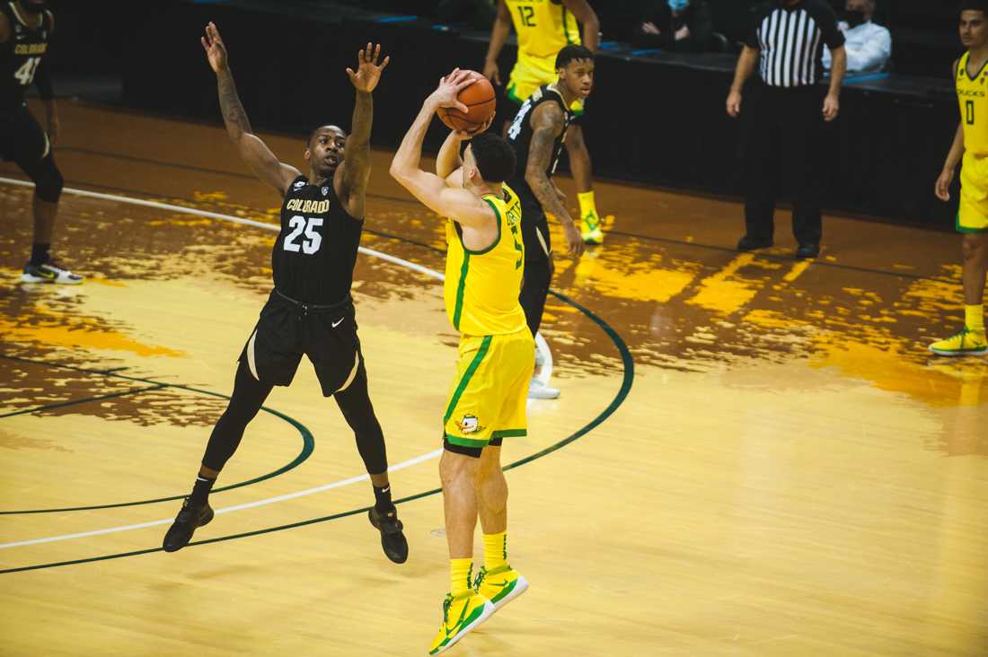 Ducks guard Chris Duarte (5) takes a shot. Ducks Men's Basketball takes on University of Colorado at Matthew Knight Stadium in Eugene, Ore., on Feb. 18, 2021. (DL Young/Emerald)