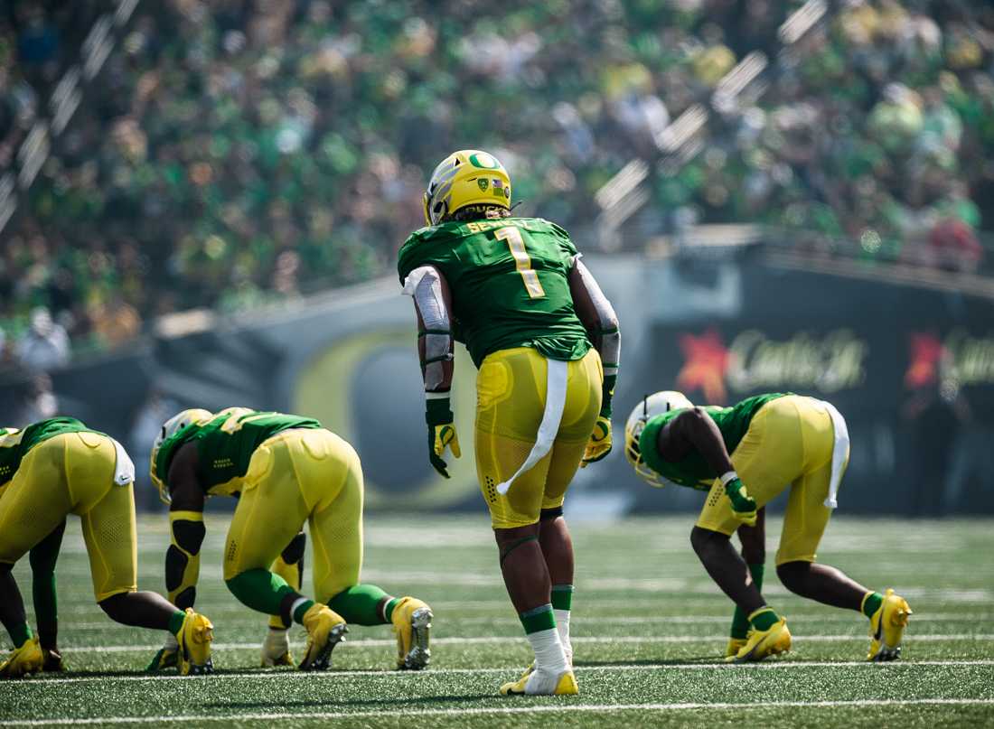 Ducks inside linebacker Noah Sewell (1) stands behind his teammates as the Ducks prepare to launch a play into action. The Oregon Ducks host Fresno State on September 4th, 2021, for game one of the 2021 season.