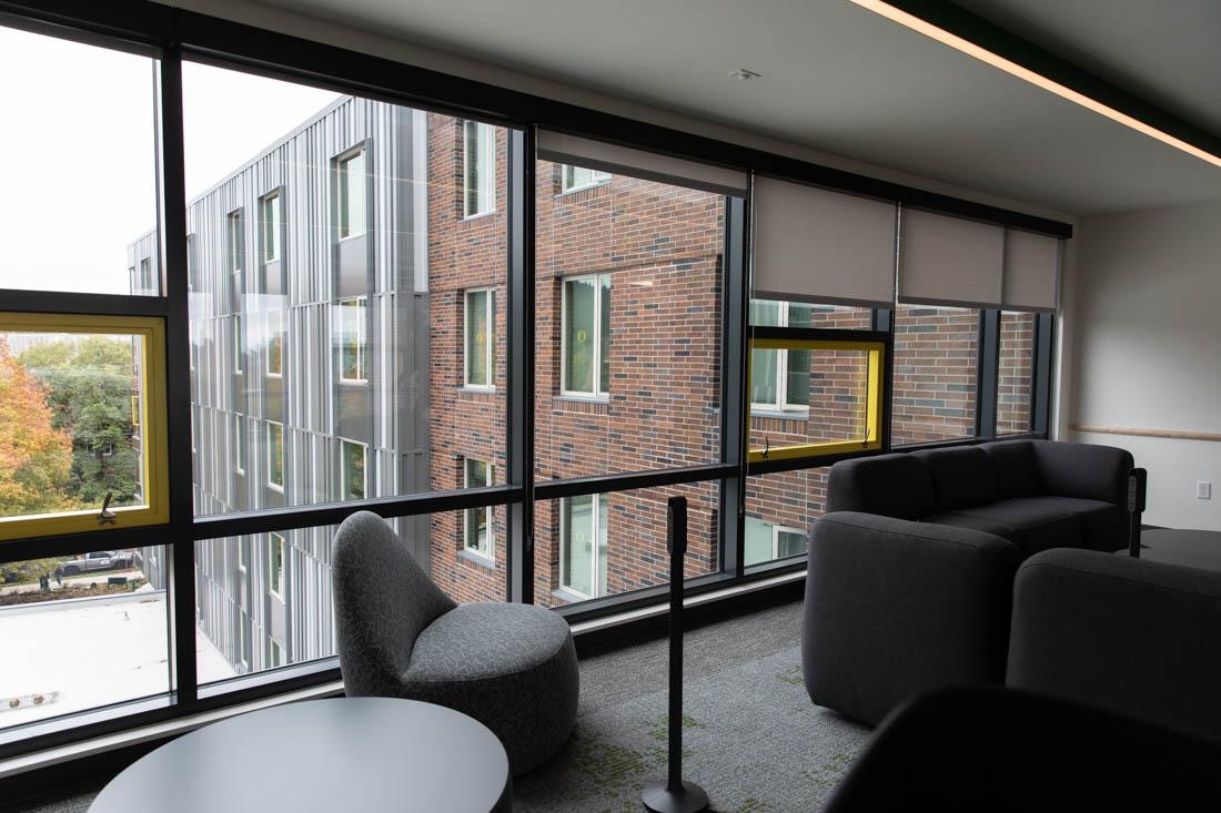 A study room located on the sixth floor of the University's brand new residence hall, Unthank Hall. Unthank Hall faces many maintenance issues upon a rushed school year opening (Maddie Stellingwerf/Emerald).