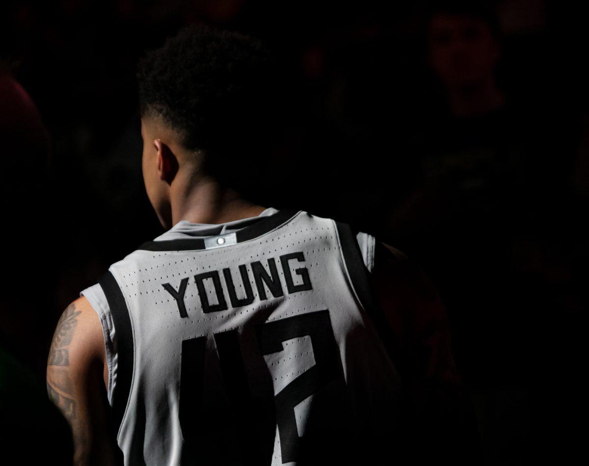 Jacob Young is celebrated on senior night, marking his last year with the Ducks.&#160; The Oregon Ducks Men&#8217;s Basketball team faces the USC Trojans, on February 26th, 2022, at Matthew Knight Arena. (Liam Sherry/Emerald)