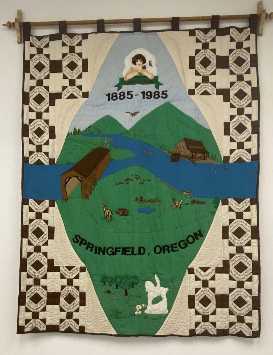 "Centennial Quilt, January 1984 - February 1985" by community volunteers on display at the Springfield History Museum. (Brandon Roth / Emerald)&#160;