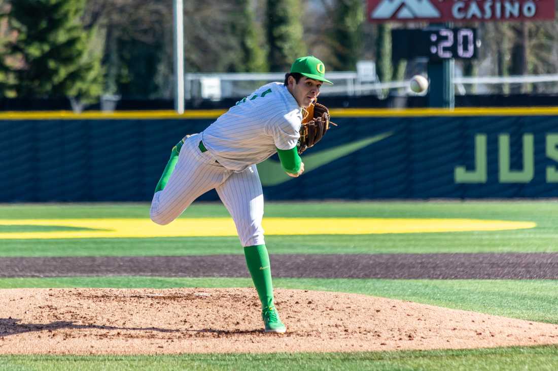 Starting pitcher for the Ducks, Isaac Ayon (01), releases a pitch. The Oregon Ducks Baseball team takes on UCSB on March 5th, 2022, at PK Park. (Molly McPherson/Emerald)