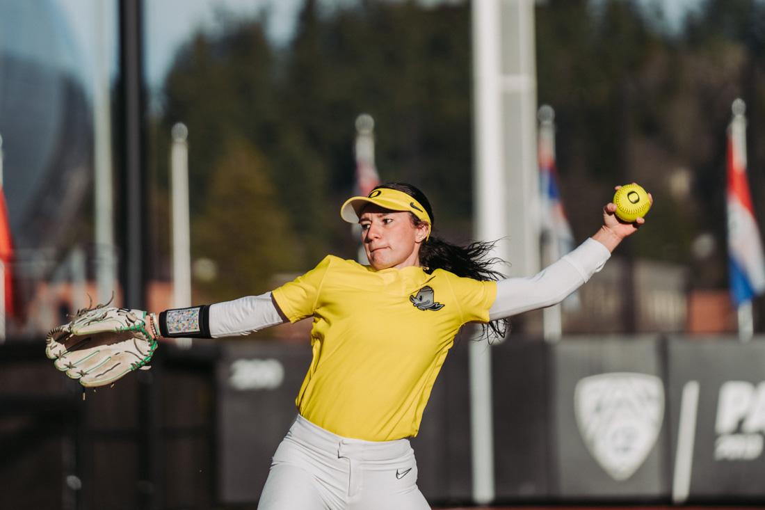 Ducks pitcher, Gabby Herrera, gets set to rip a pitch down the plate. The Oregon Ducks Softball team faces the Portland State Vikings, on March 11th, 2022, at Jane Sanders Stadium. (Serei Hendrie/Emerald)