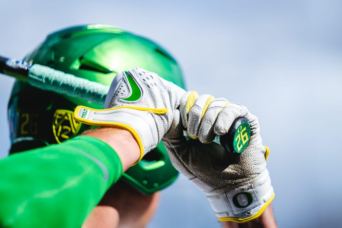 Colby Shade (26) warms up before his at bat. The University of Oregon Ducks staged a late-game comeback to win 8-6 against the Utah Utes on March 19, 2022 at PK Park. (Will Geschke/Emerald)