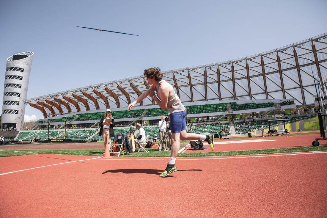 An athlete competes in the mens javelin competition. The Oregon Track and Field Relays are held at Hayward Field in Eugene, Ore., on April 23rd, 2022. (Maddie Stellingwerf/Emerald)