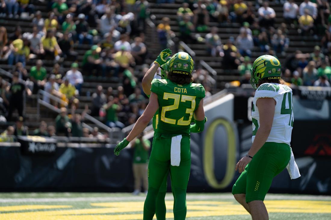 Chase Cota, a graduate transter from UCLA, made a offensive impact for the green team. The Oregon Football team competes in it's annual spring game on April 23rd, 2022 at Autzen Stadium in Eugene, Ore. (Serei Hendrie/Emerald)