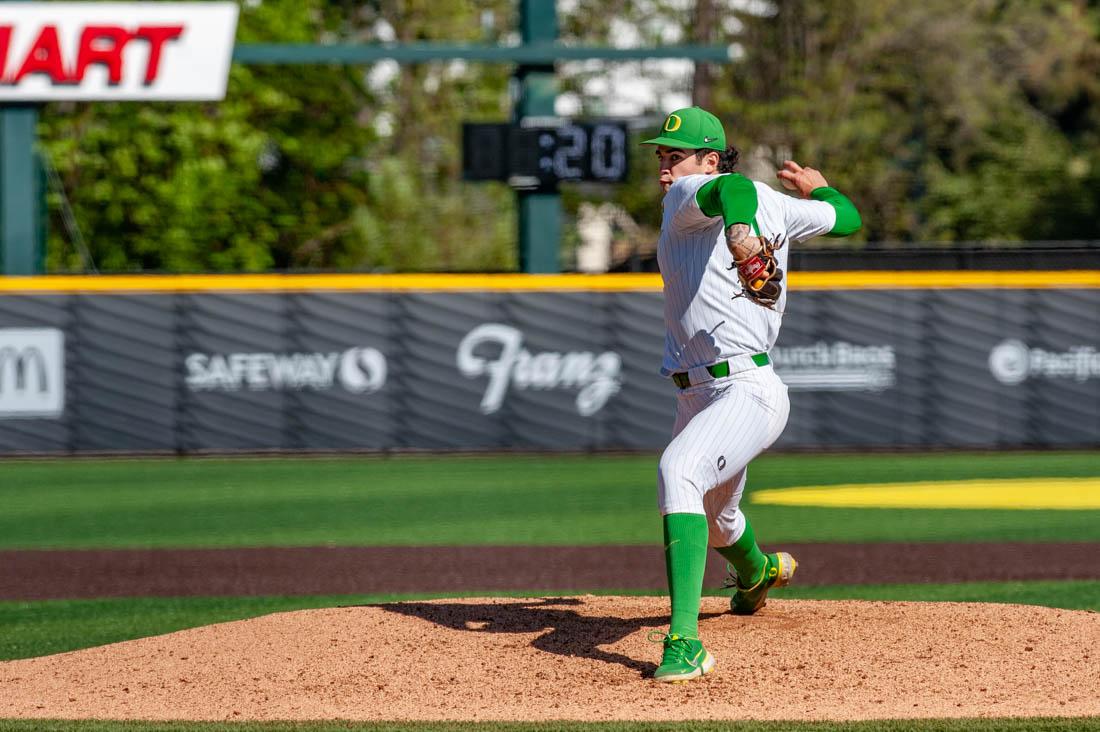 Isaac Ayon (1) pitches the ball. Oregon Baseball takes on University of Arizona at PK Field in Eugene, Ore. on May 20, 2022. (Mary Grosswendt/Emerald)