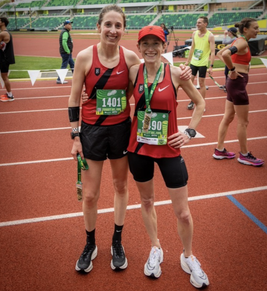 Dimoff (right) standing with her teammate, Kaitlyn Peale (left) after finishing the Eugene Marathon on May 1.&#160;