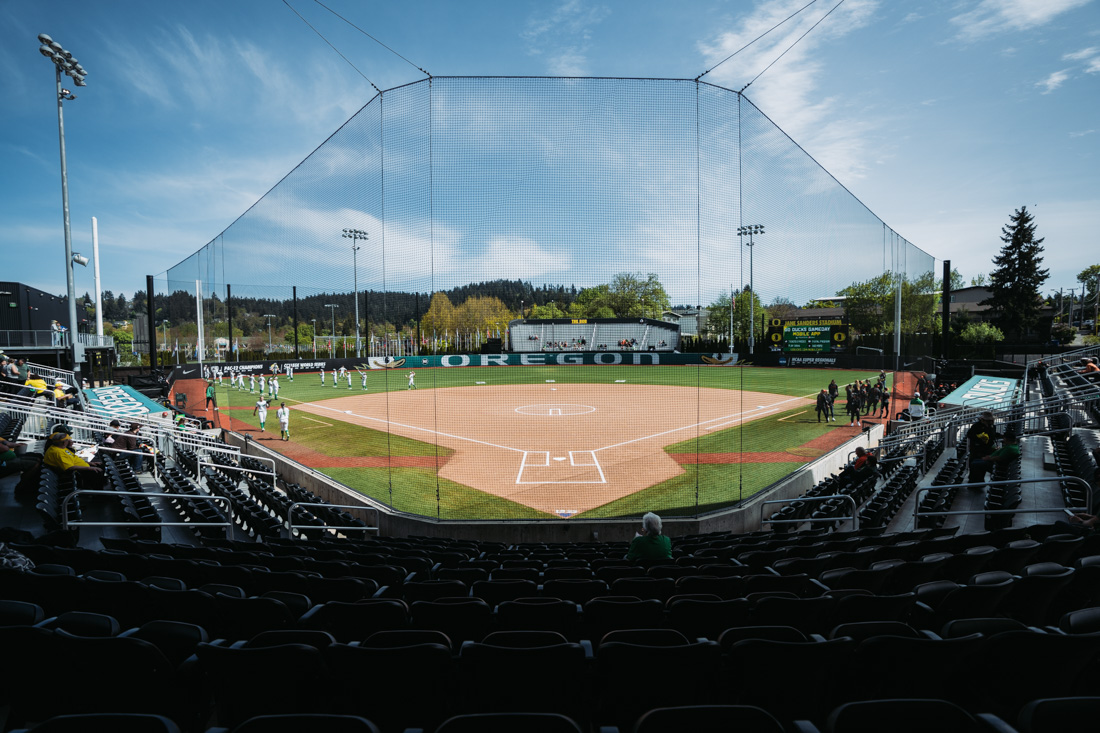 Blue skys shine as fans trickle into Jane Sanders Stadium for the final game of the rivalry series. The Oregon Ducks Softball team faces the Oregon State Beavers, on May 1st, 2022, at Jane Sanders Stadium. (Serei Hendrie/Emerald)