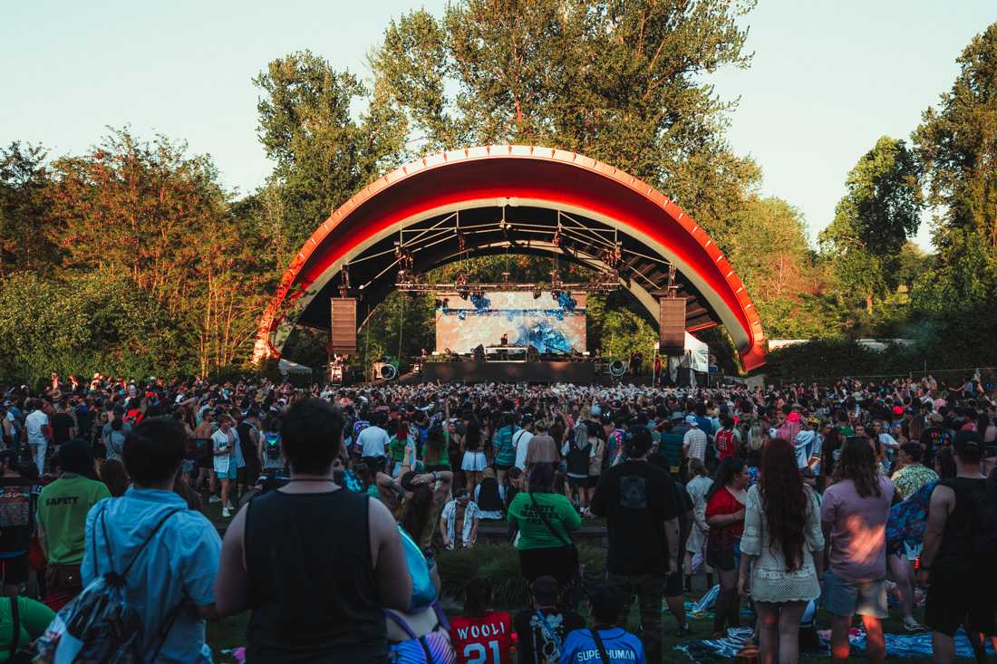 After being held off two years due to COVID-19, hundreds of music fans gather for the annual Foam Wonderland show at the Cuthbert Ampitheater in Eugene Ore. on May 21, 2022. (Serei Hendrie/Emerald)