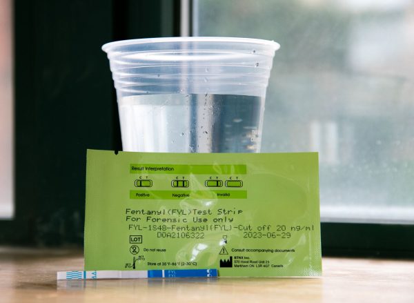 <p dir="ltr"><span>The contents of a testing package needed to check substances for fentanyl. ASUO member, Kayla Krueger, is working on making fentanyl testing strips accessible for the UO community. (Liam Sherry/Emerald)</span></p>