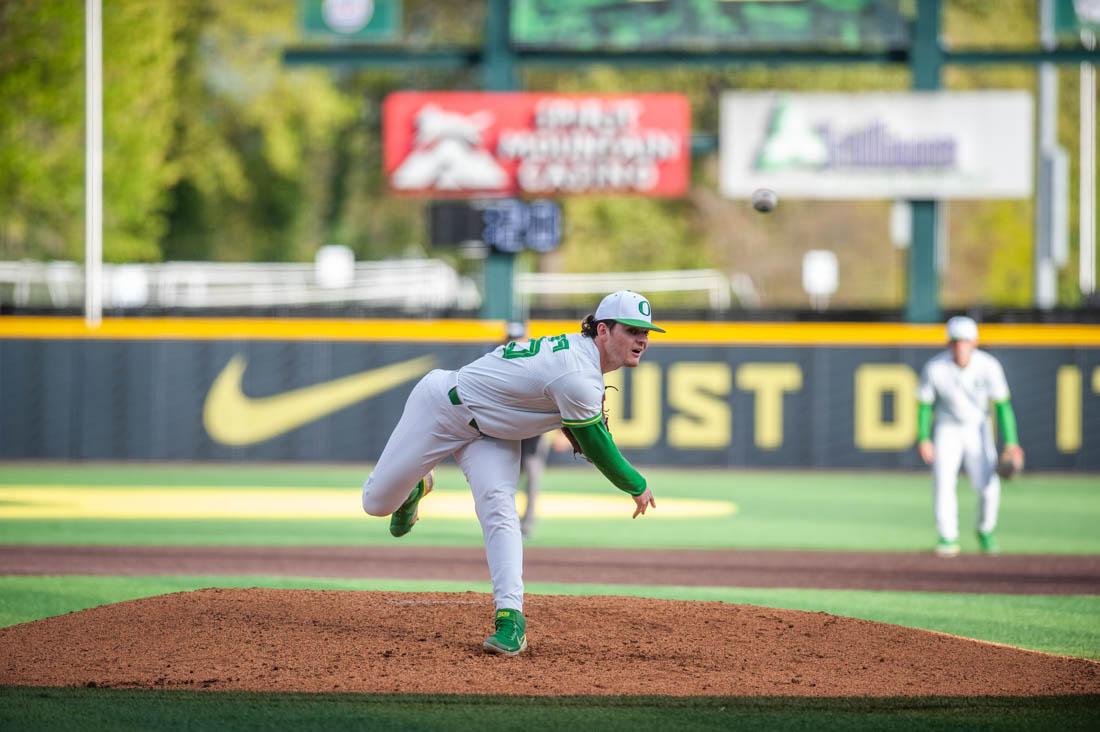 RJ Gordon (66) throws a pitch while the Cougars are at bat. Oregon Baseball takes on the Washington State Cougars at PK Field in Eugene, Ore. on April 22, 2022. (Mary Grosswendt/Emerald)